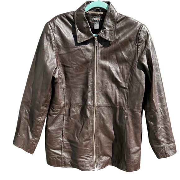 Style&Co Chocolate Brown Zip-up Leather Jacket Collared Hip Length Pockets Sz L - Picture 2 of 16